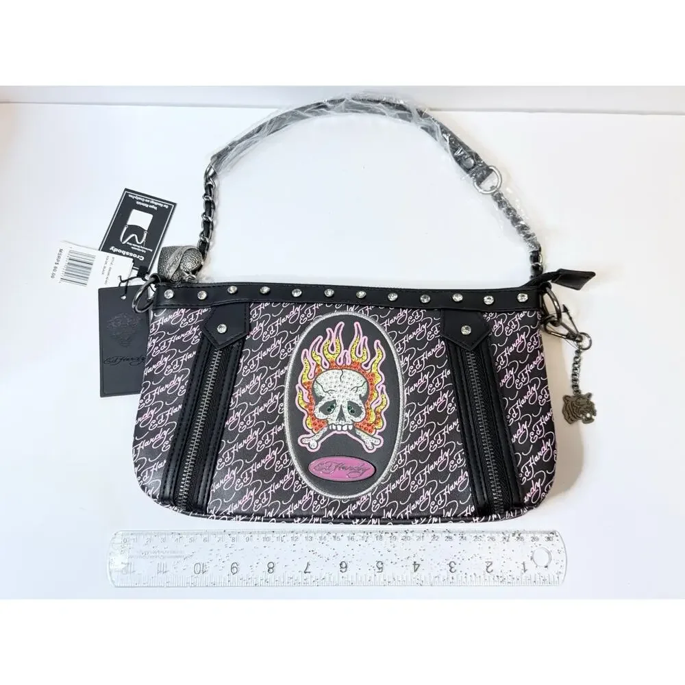 Ed Hardy Shoulder Bag Black Pink Skull Flames Tattoo & Rhinestons0